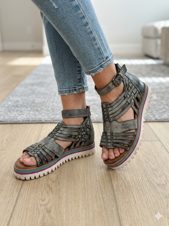 Bed Stu Shoes - Roan by Bedstu Casual Comfort Woven Ankle-Strap Platform Sandals - Metallic Gray